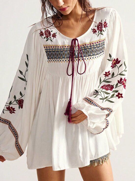 Tops - White Boho Women's Floral Knot Front Long Sleeve Casual Blouse